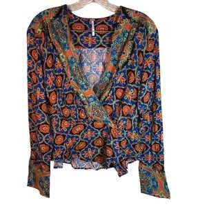 Free people deep V-neck blouse falling for you peplum  S multicolor long sleeve